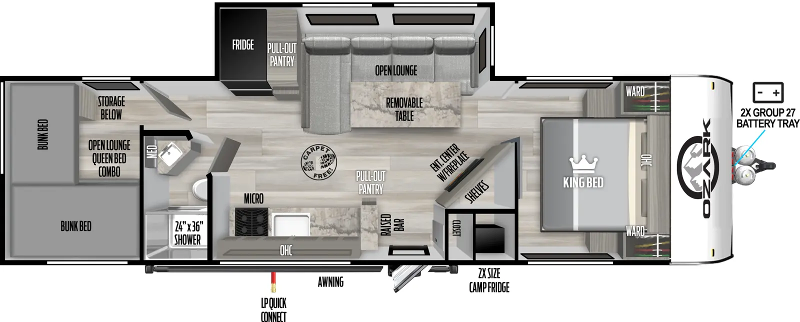 The 2890BHK has one slideout and one entry. Exterior features front 2x group 27 battery tray, 2x size camp refrigerator, awning, and LP quick connect. Interior layout front to back: foot-facing king bed with overhead cabinet and wardrobes on each side; angled entertainment center with fireplace below and shelves behind along inner wall; off-door side slideout with open lounge with removeable table, pull-out pantry, and refrigerator; door-side closet, entry, raised bar with pull-out pantry, kitchen counter with sink, cooktop, microwave, and overhead cabinet; door side full bathroom with medicine cabinet; rear bunk room with open lounge queen bed combo and storage below with bunk beds above.